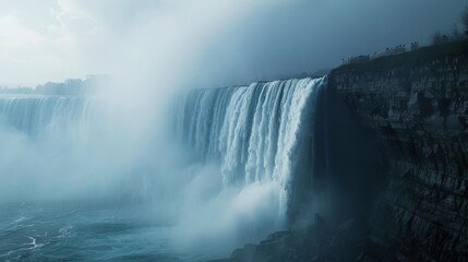 Wall Mural - Mist rises from the waterfall's base, veiling the surrounding landscape in a soft, ethereal cloak.