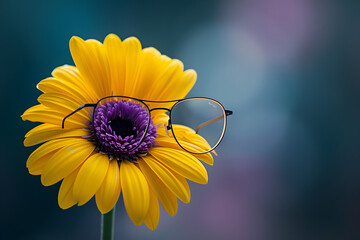 Wall Mural - side view of a purple yellow flower wearing glasses