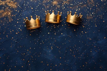 Three shiny golden crowns on navy blue background. Three Kings day or Epiphany day holiday celebration night