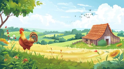 Wall Mural - Farmhouse in the Countryside with Rooster