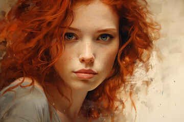 Stunning portrait of a young redheaded woman showcasing digital creative design and artistry with a beautiful face and illustration.