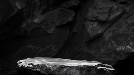 Poster - Empty stone podium presenting a dark and dramatic black rock background, perfect for showcasing your product
