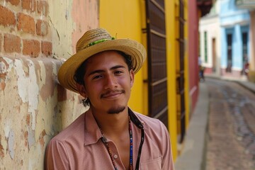 Portrait of a young Hispanic man enjoying his vacations in a colonial city.