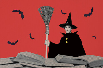 Wall Mural - Composite trend artwork sketch image collage of autumn season Halloween holiday lady witch hold broomstick read book trick or treat poster