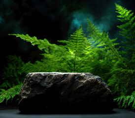 Poster - Empty stone podium is surrounded by lush green ferns, creating a natural and serene setting for product display