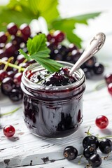 Wall Mural - Prepared homemade blackcurrant jam in a jar with a spoon on a white wooden table and a bright tablecloth background, fresh blackcurrant jam close-up