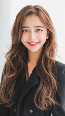 Sweet Chinese woman with fair skin and long wavy hair smiling in black outfit