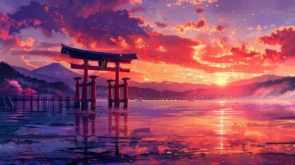 Great torii of Miyajima at sunset, japanese famous landmark near Hiroshima, Japan scenic landscape, Digital painting, Anime style.