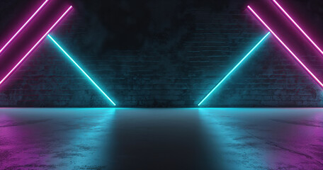 Aufkleber - Futuristic sci fi empty stage podium glowing with neon lights reflecting on concrete floor background 3d rendering illustration