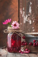 Wall Mural - rustic homemade jam jar wooden background and flower. 