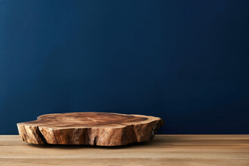 Aufkleber - Empty wooden tray is displaying products with a blue background