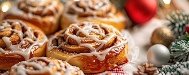 Cinnamon rolls with icing drizzled on top, freshly baked and set on a festive tablecloth, cinnamon rolls, holiday breakfast