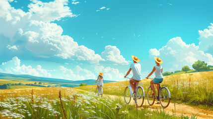 Wall Mural - Two people riding bikes on a dirt road