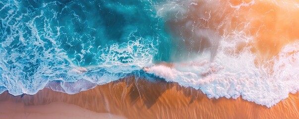 Wall Mural - Aerial view of ocean waves and beach in sunset, abstract water art background with copy space