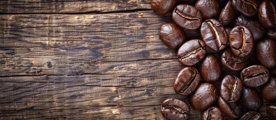 Poster - Close-up shot of tempting roasted coffee beans on a rustic wood backdrop, with ample copy space image.