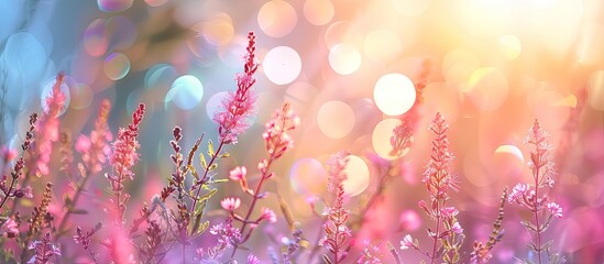 Poster - Blurred bokeh background with spring garden plants, offering copy space image.