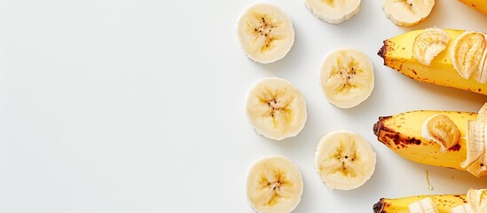 Poster - Banana slices on a white background with copy space image.