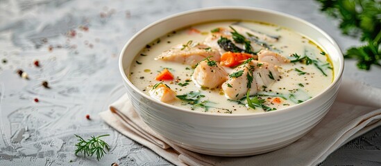 Poster - Creamy bream fish soup in a white bowl on a grey background, with copy space image for text, in a close-up shot.
