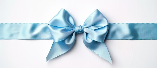 Poster - Elegant blue bow tied with three satin ribbons aligned on a plain white backdrop, ideal for a copy space image.