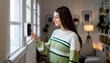 © tino - young Girl looking at smart thermostat at home, checking heating temperature , generated by AI. High quality photo