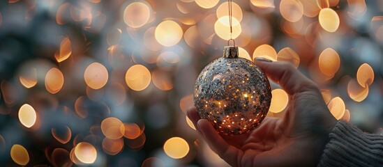 Poster - Festive Christmas decoration held up in front of a blurred bokeh lights backdrop for copy space image.