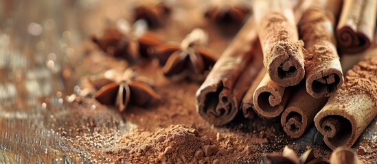 Aufkleber - Close-up of aromatic Ceylon cinnamon sticks and powder on a textured wooden surface, ideal for baking, desserts, and drinks, with space for text, a perfect copy space image.