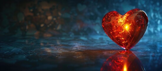 Poster - An illuminated heart shape on a dark backdrop with reflection, ideal for a Valentines concept with copy space image and room for product placement.