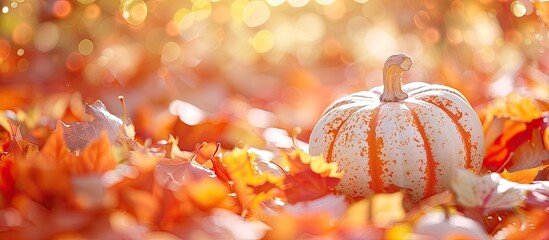 Poster - Colorful autumn setting with selective focus on orange and white pumpkin surrounded by vibrant maple leaves. Bokeh background provides copy space image.