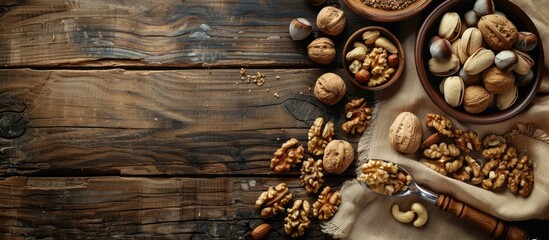 Poster - Assorted nuts like cedar, cashew, hazelnut, and walnuts, along with a spoon, are displayed on a wooden table with a rustic aesthetic, creating a visually appealing copy space image.