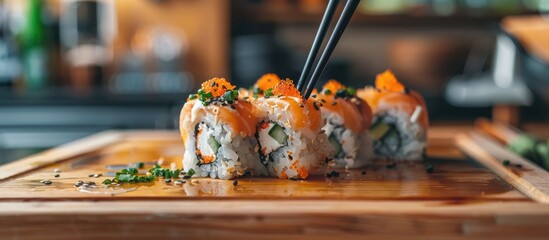 Aufkleber - Close-up shot of Japanese sushi rolls with chopsticks on a wooden cutting board in a sushi bar kitchen, all against a copy space image.