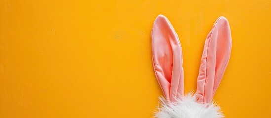 Poster - Easter theme with a bunny ears costume on a yellow background, featuring a simple flat lay design with space for text or images. image with copy space