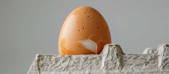 Poster - Close-up of a fresh chicken egg on an egg box against a white background, including a fragile egg shell, perfect for cooking or healthy eating concepts, with copy space image.
