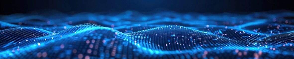 Poster - A close-up of an abstract digital landscape with a deep blue color and glowing, light-filled waves