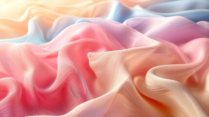 Poster - A close-up of smooth, pink, blue, and yellow fabric, gently draped and lit with warm light