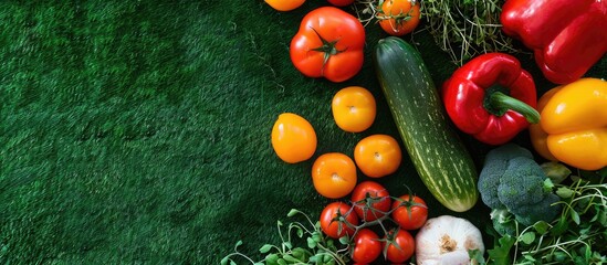 Aufkleber - Flat lay of various fresh ripe vegetables displayed on green grass with copy space image.