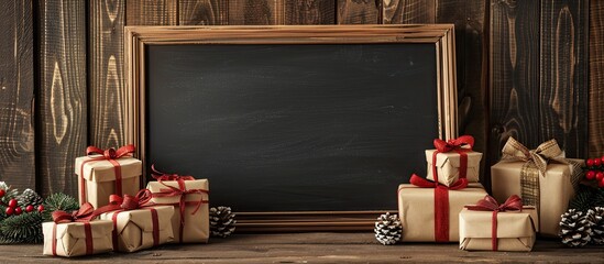Aufkleber - Blackboard positioned near festive gift boxes with empty space for writing or displaying, ideal for customization or greetings. image with copy space