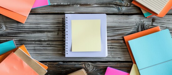 Aufkleber - Close-up of blank post-it note on a notebook with copy space image surrounded by other notebooks on a wooden background for a business idea concept.