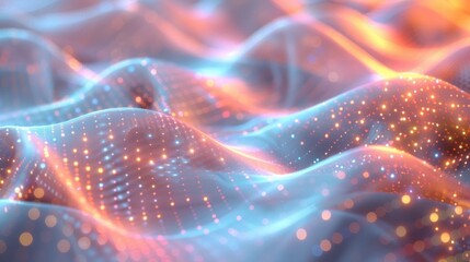 Poster - A close-up of a digital dreamscape with soft, flowing waves of light and shimmering particles