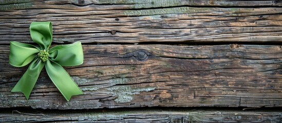Poster - An Easter decoration featuring a green bow rests on weathered wood with ample copy space for adding text to the image.