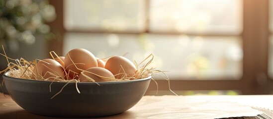 Poster - Close-up of a bowl with fresh chicken eggs and dried straw on a table, ideal for adding text with copy space image.