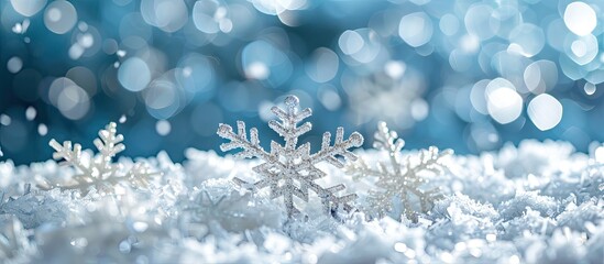 Poster - Blue background with white artificial snow for a Christmas winter greeting card with copy space image.