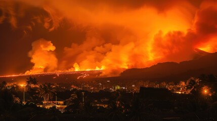 Wall Mural - Photographs of the volcano's eruption show billowing smoke as lava paints the night sky orange.