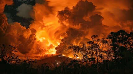 Wall Mural - Photographs of the volcano's eruption show billowing smoke as lava paints the night sky orange.