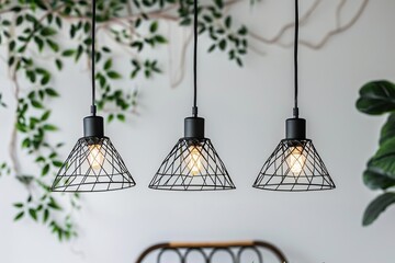 Modern black pendant lights with vintage light bulb in a modern house interior. Hanging ceiling light in a white shared office space. Decorative geometric metal lamp. Suspended chandelier loft style