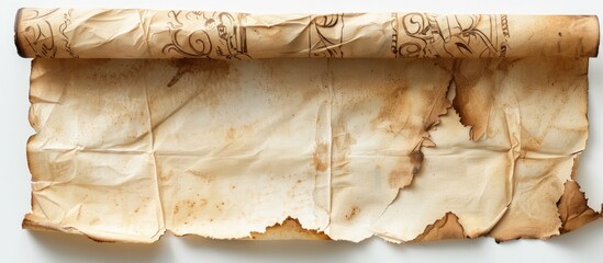 Fototapete - Close-up of an ancient scroll design on a white background with copy space image for a medieval manuscript concept.