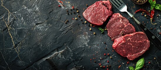 Poster - Dark stone background with copy space image showcasing raw beef steaks, a fork, and spices.