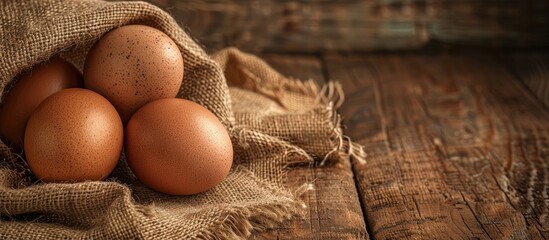 Poster - Egg displayed on a rustic burlap sack with copy space image.