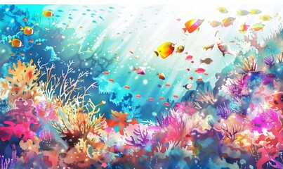 Colorful Fish Swimming Through Vibrant Coral Reef in Sunlight Digital illustration, white background, 