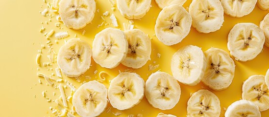 Poster - Close-up of sliced bananas on a yellow background, a healthy dessert ingredient with copy space image.