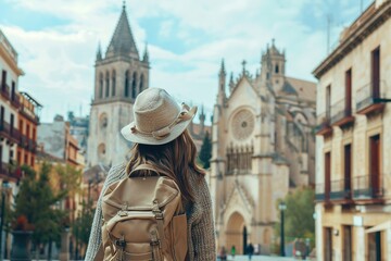 Poster - Travel to Spain. Traveler girl looking at Cathedral in old town of Spanish city. Young backpacker tourist in solo travel. Vacation, holiday, trip